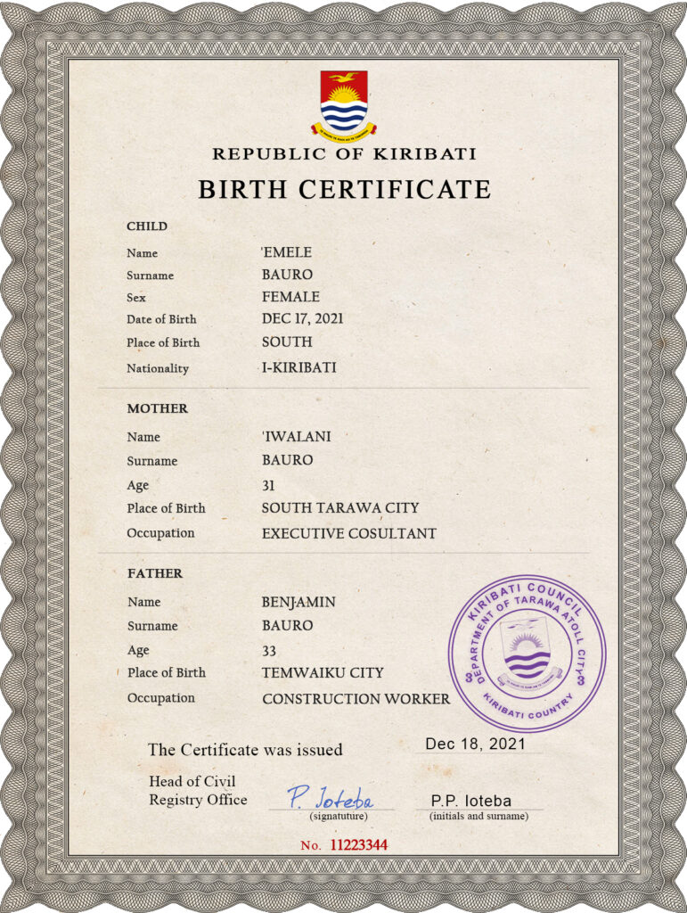 Authentic Kiribati Birth Certificate Template | Customize and Download Online