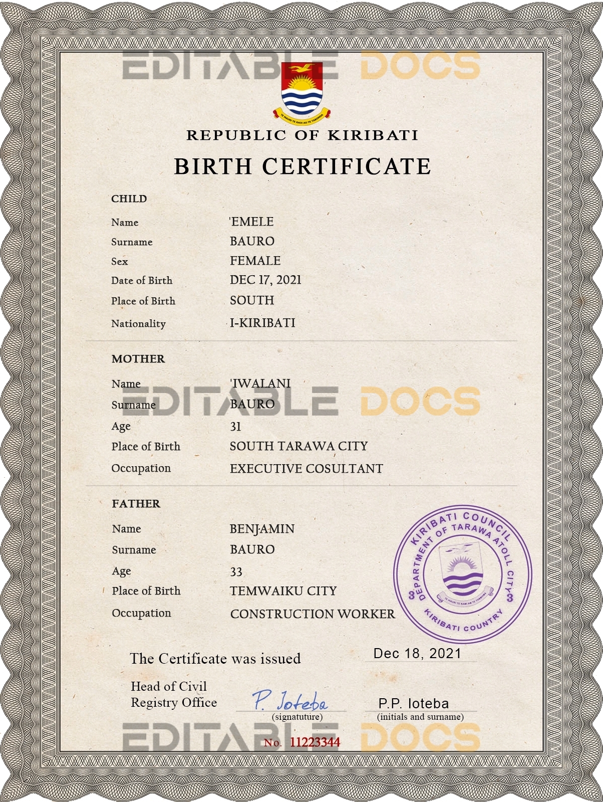 Authentic Kiribati Birth Certificate Template | Customize and Download Online