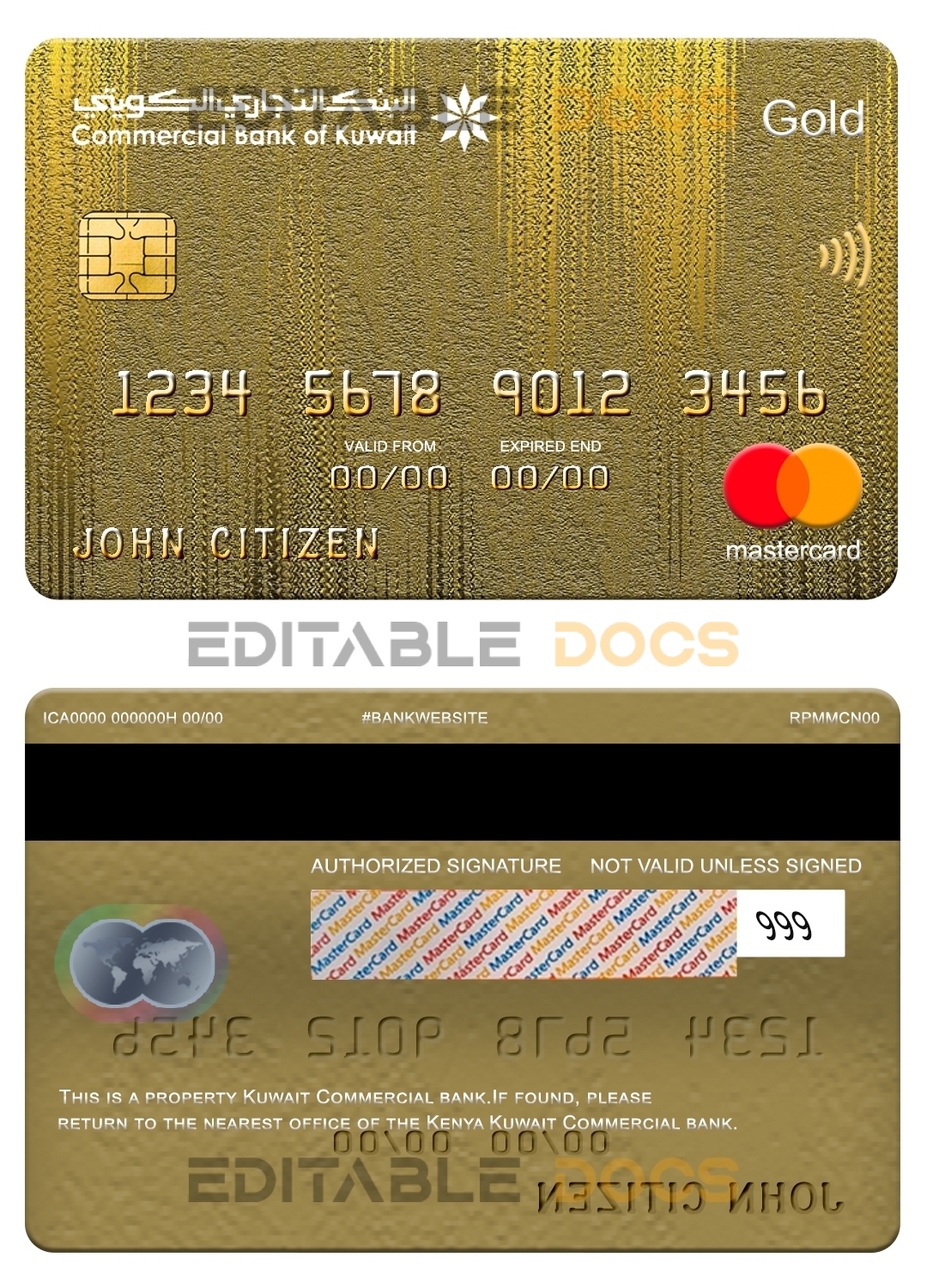 Editable Kuwait Commercial bank mastercard gold Templates in PSD Format