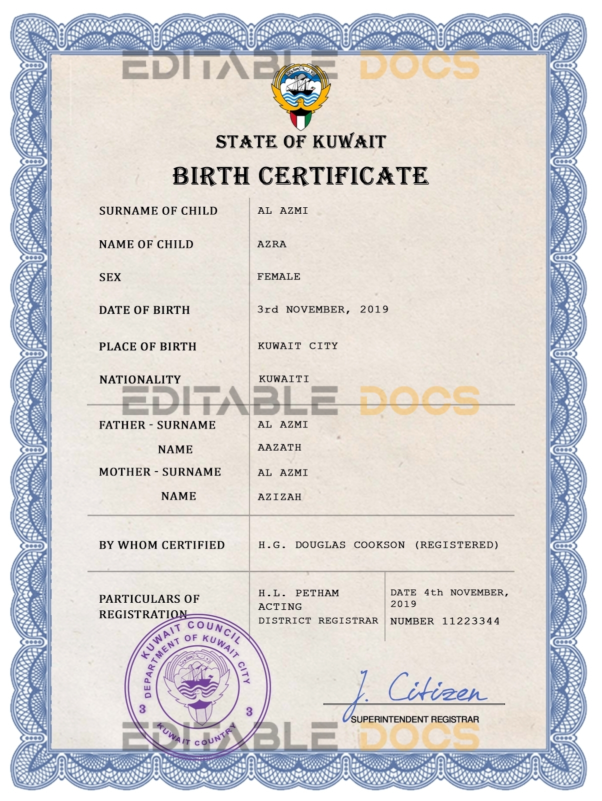 Authentic Kuwait Birth Certificate Template | Customize and Download Online