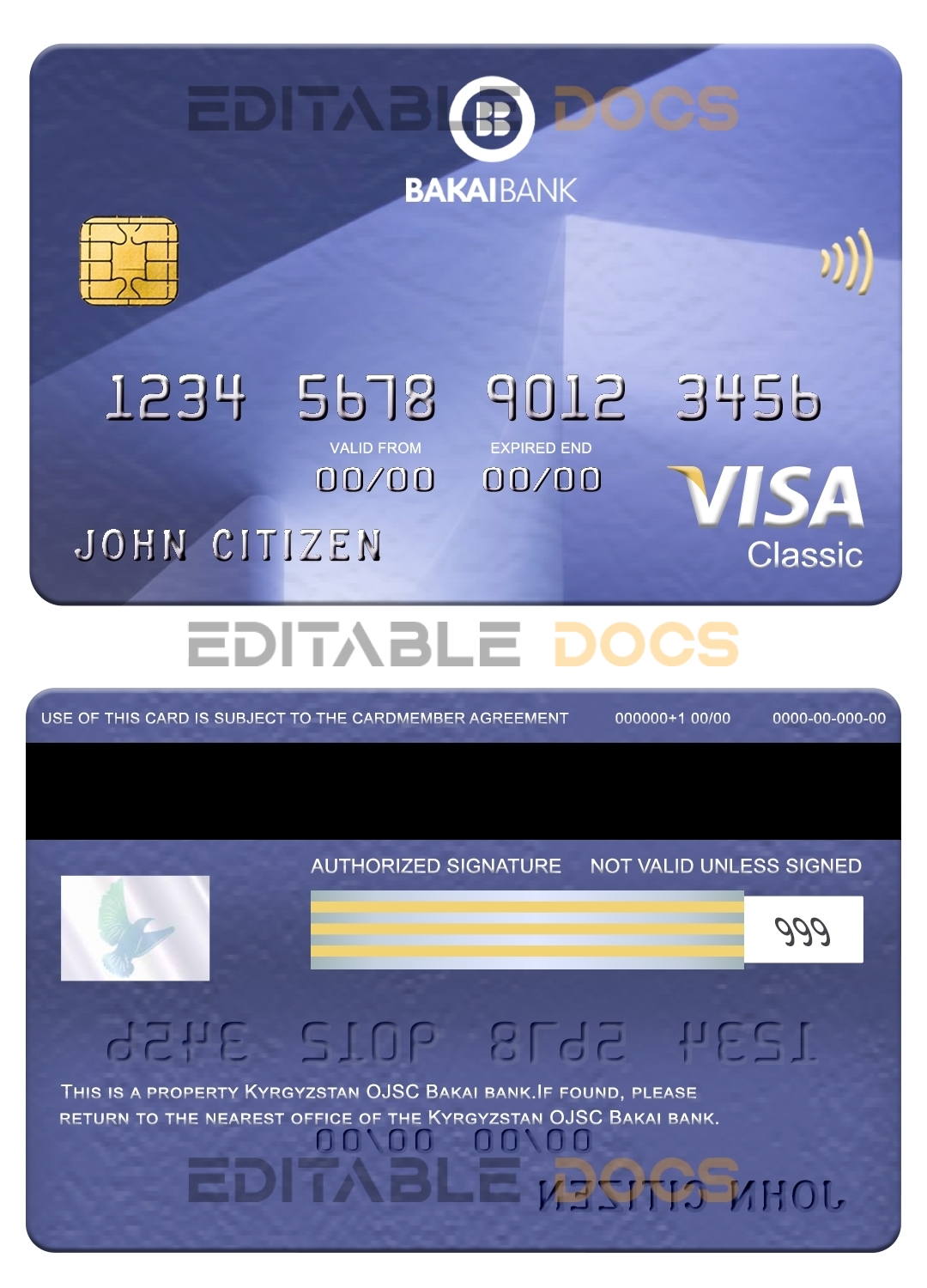 Fillable Kyrgyzstan OJSC Bakai bank visa classic card Templates | Layer-Based PSD