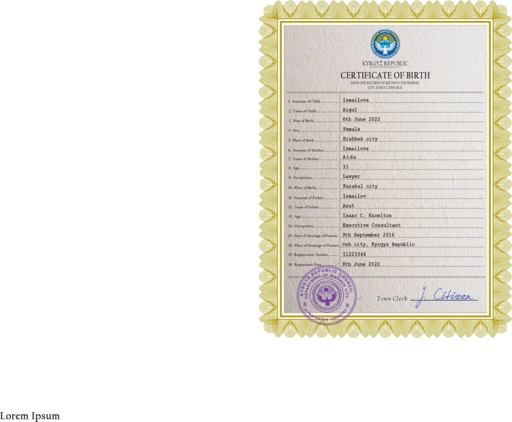 Authentic Kyrgyzstan Birth Certificate Template | Customize and Download Online