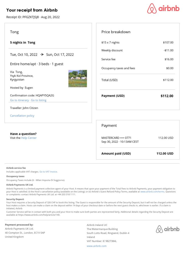 Customizable Kyrgyztsan Airbnb Reservation Template | Word & PDF Formats