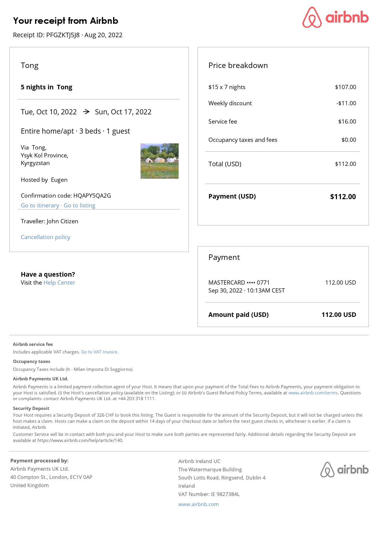 Customizable Kyrgyztsan Airbnb Reservation Template | Word & PDF Formats