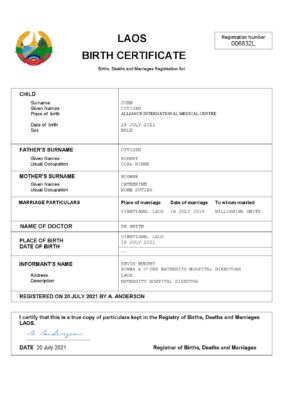 Laos birth certificate Word and PDF template, completely editable