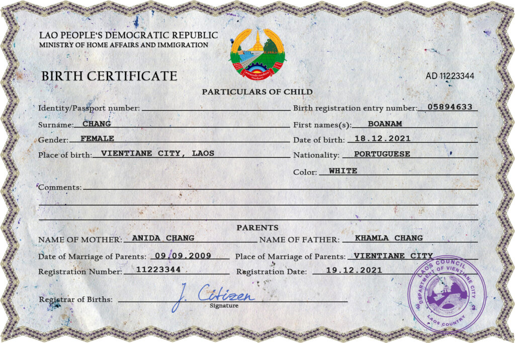 Laos birth certificate PSD template, completely editable