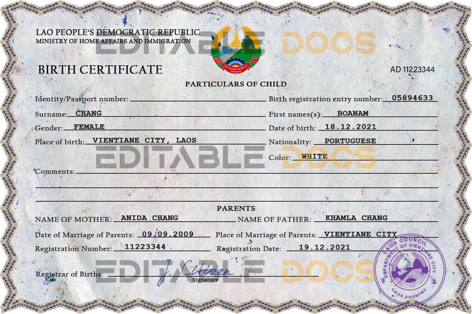 Authentic Laos Birth Certificate Template | Customize and Download Online