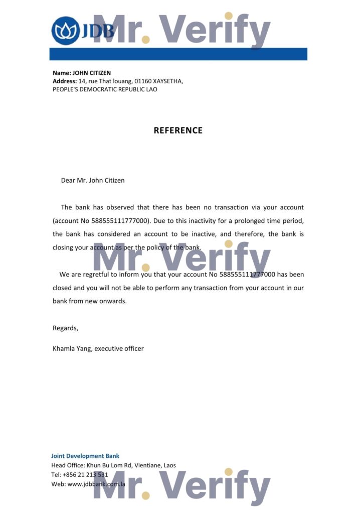 Download Laos Joint Development Bank Reference Letter Templates Editable Word