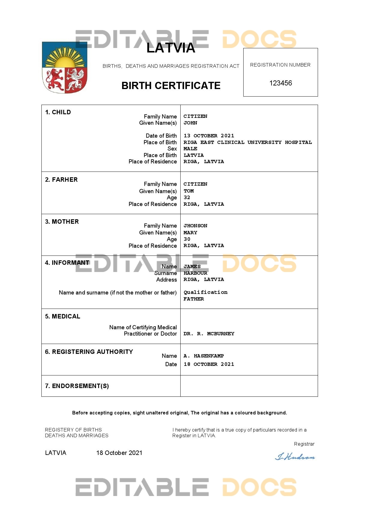 Authentic Latvia Birth Certificate Template | Customize and Download Online