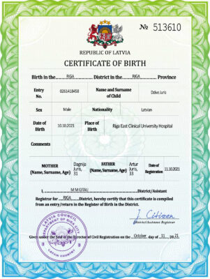 Latvia vital record birth certificate PSD template, fully editable