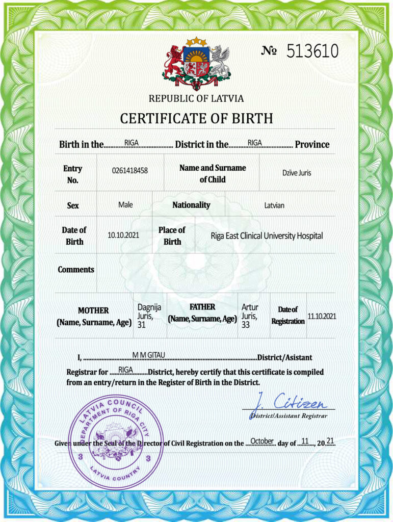 Latvia vital record birth certificate PSD template, fully editable