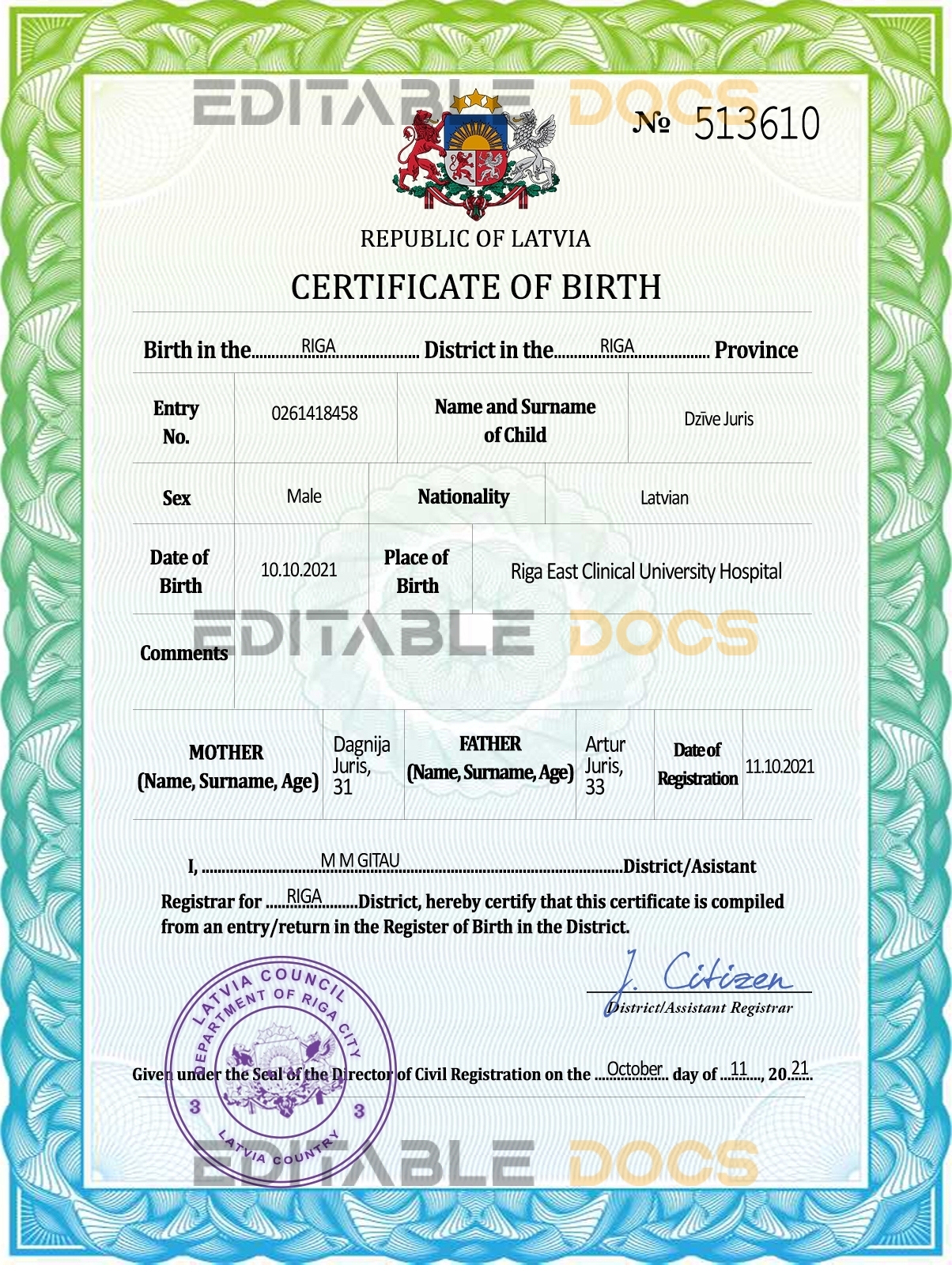 Authentic Latvia Birth Certificate Template | Customize and Download Online