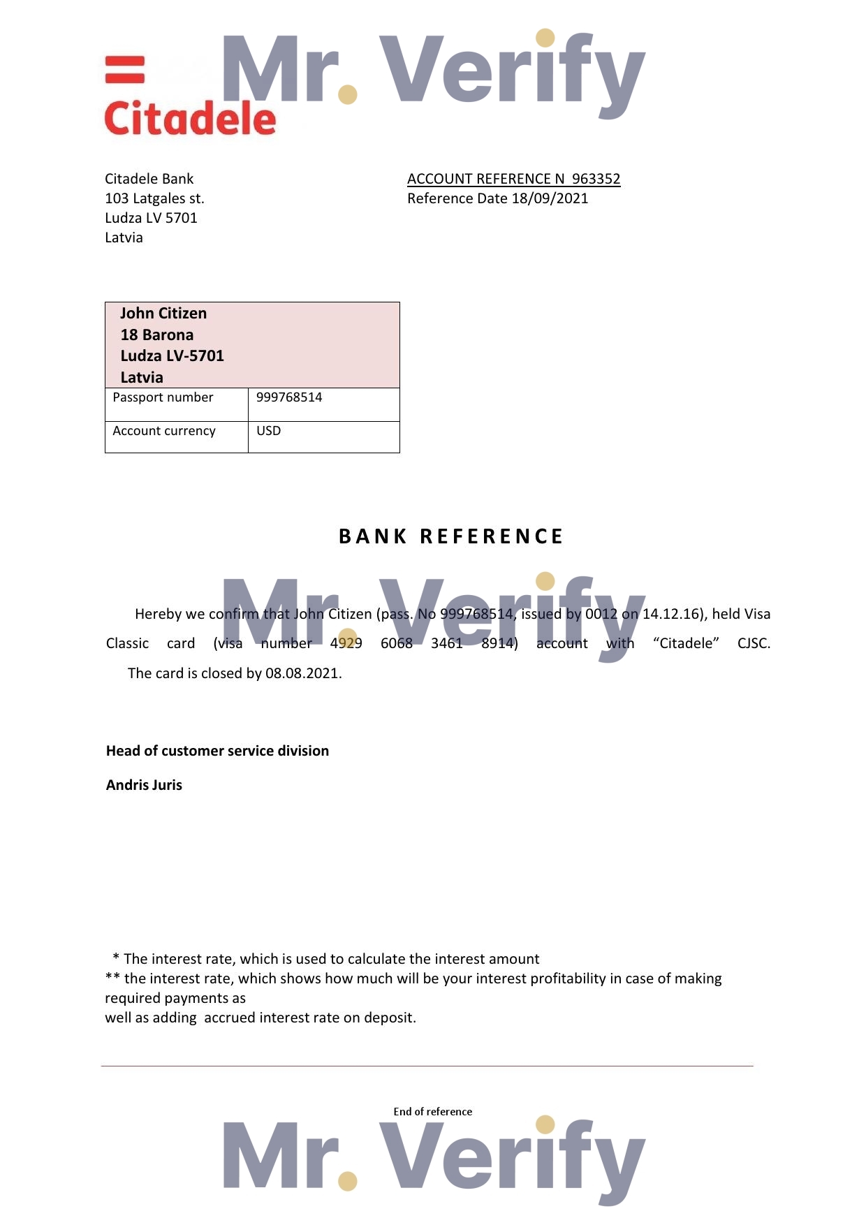 Download Latvia Citadele Bank Reference Letter Templates | Editable Word