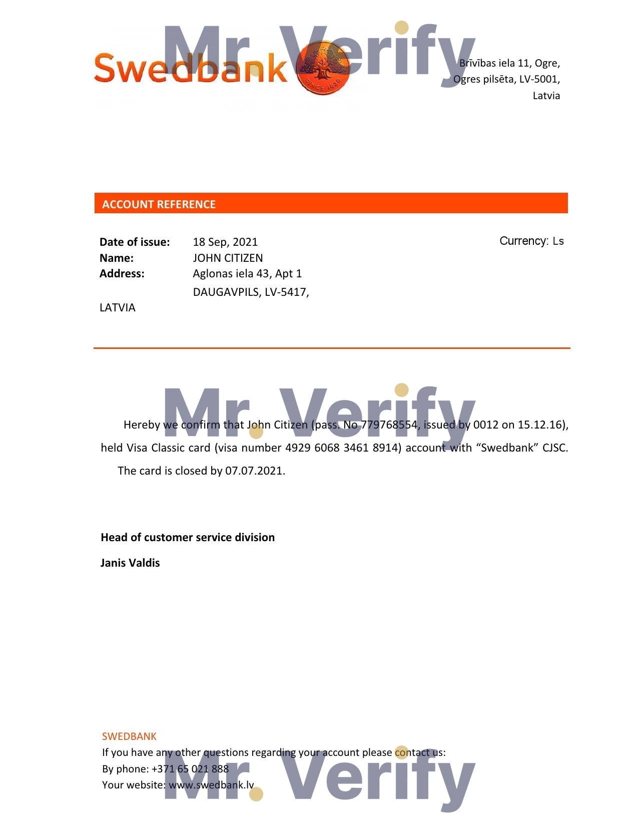 Download Latvia Swedbank Bank Reference Letter Templates | Editable Word