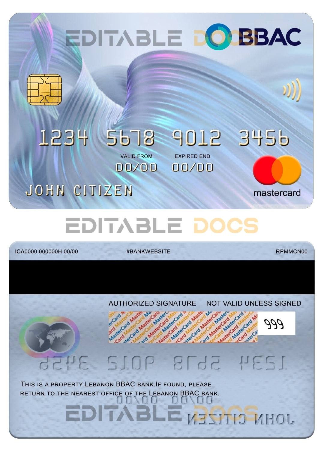 Editable Lebanon BBAC bank mastercard Templates in PSD Format