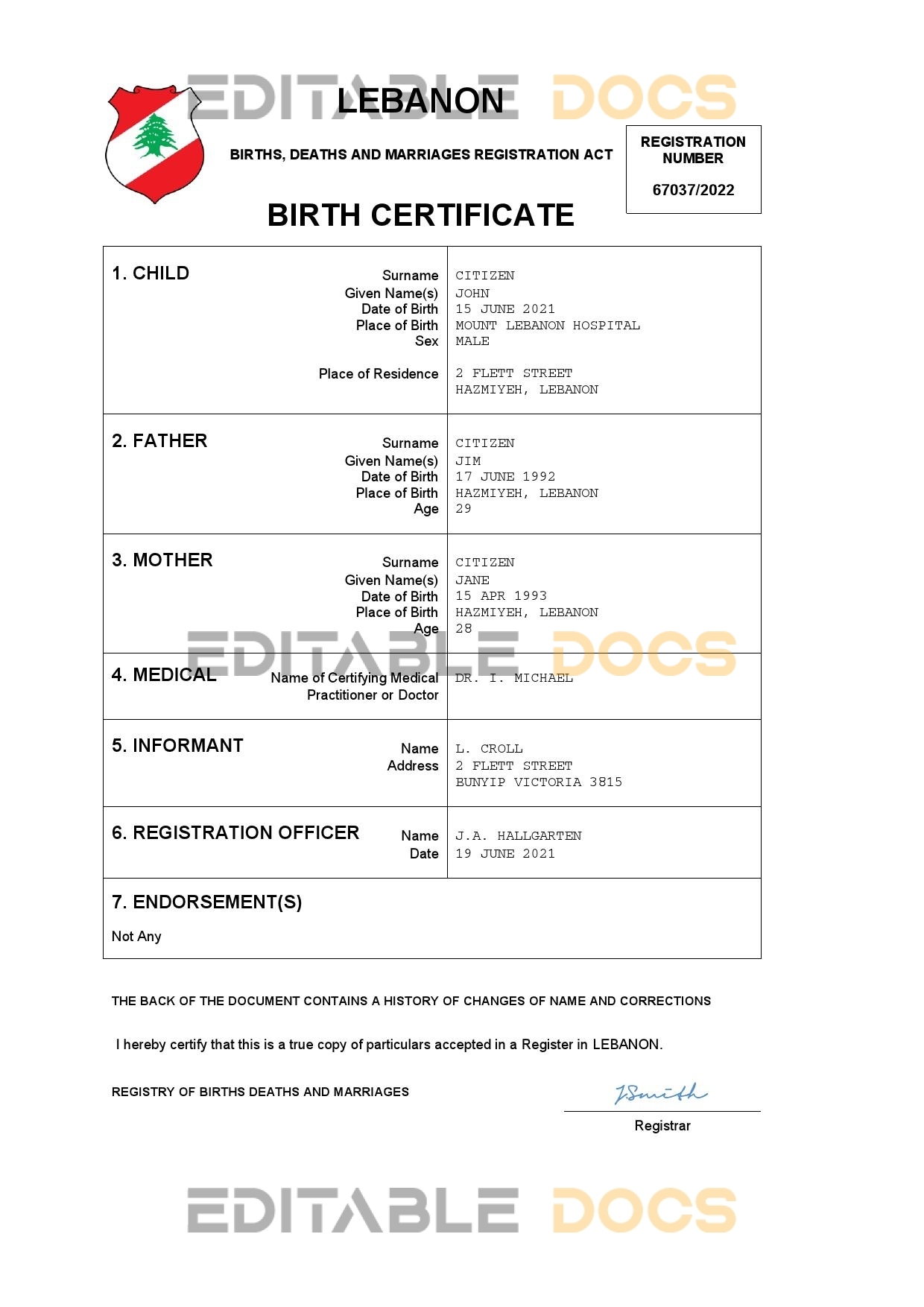 Authentic Lebanon Birth Certificate Template | Customize and Download Online