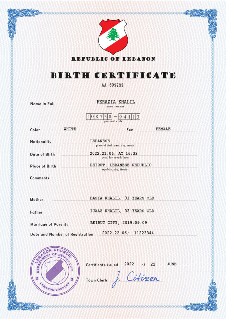 Authentic Lebanon Birth Certificate Template | Customize and Download Online
