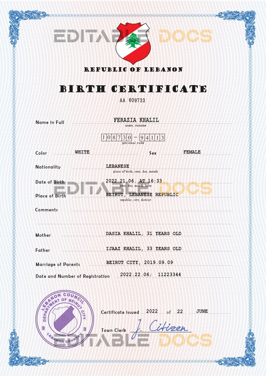 Authentic Lebanon Birth Certificate Template | Customize and Download Online