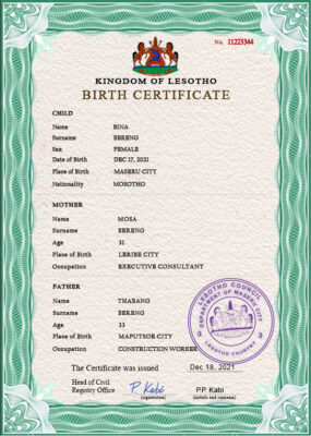 Authentic Lesotho Birth Certificate Template | Customize and Download Online