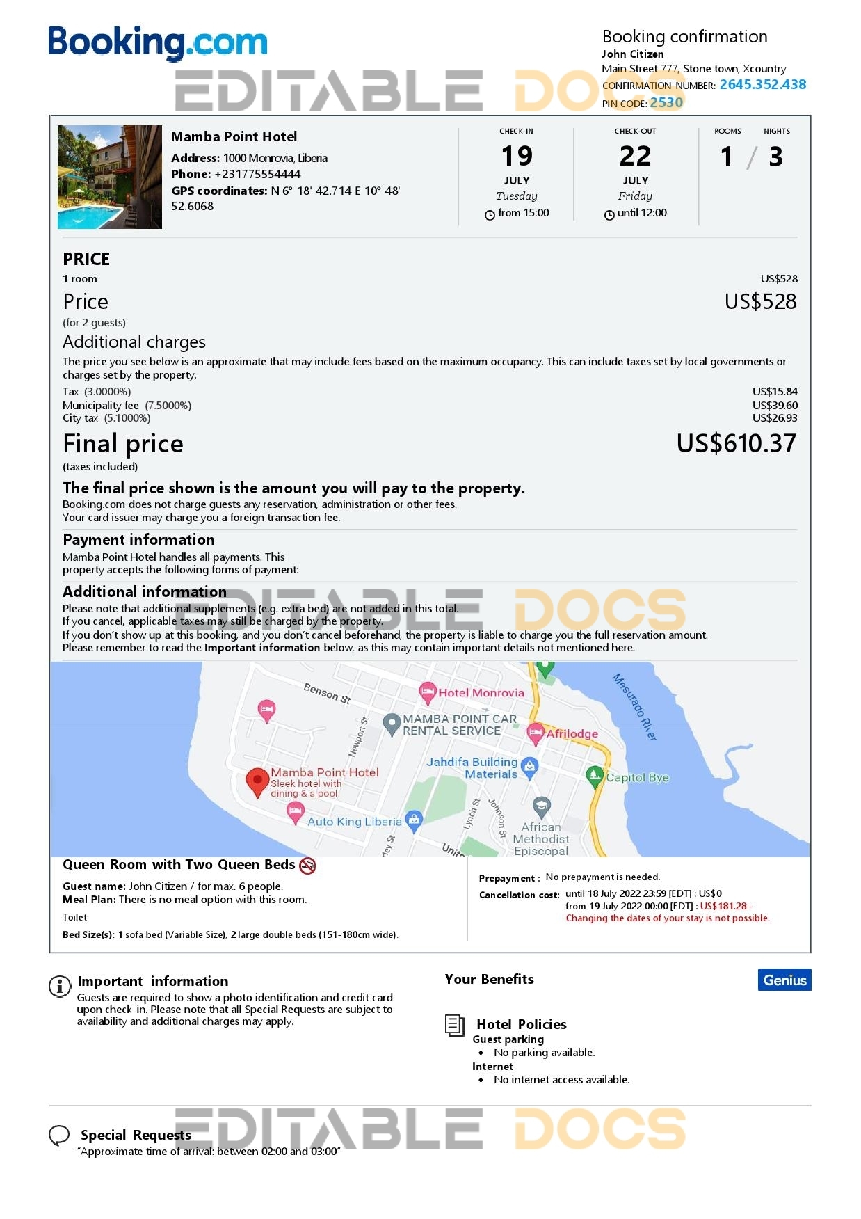Customizable Liberia Airbnb Reservation Template | Word & PDF Formats