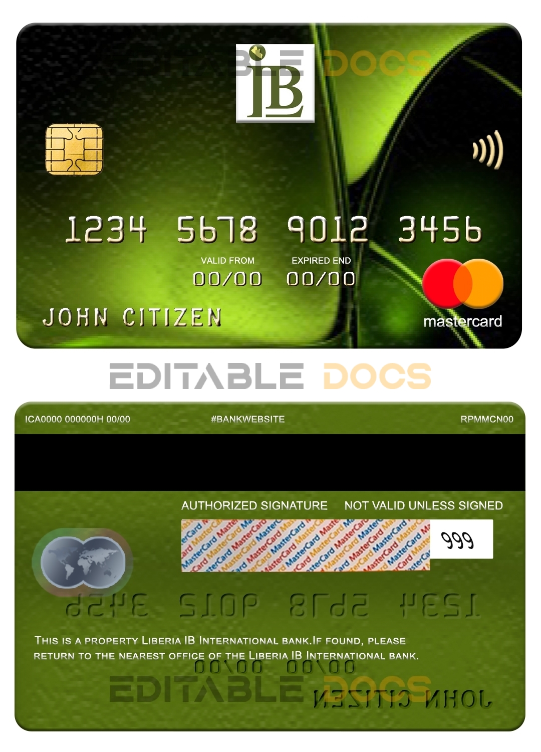Editable Liberia IB International bank mastercard Templates in PSD Format