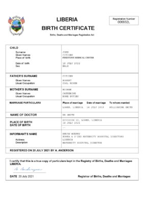 Liberia vital record birth certificate Word and PDF template, completely editable