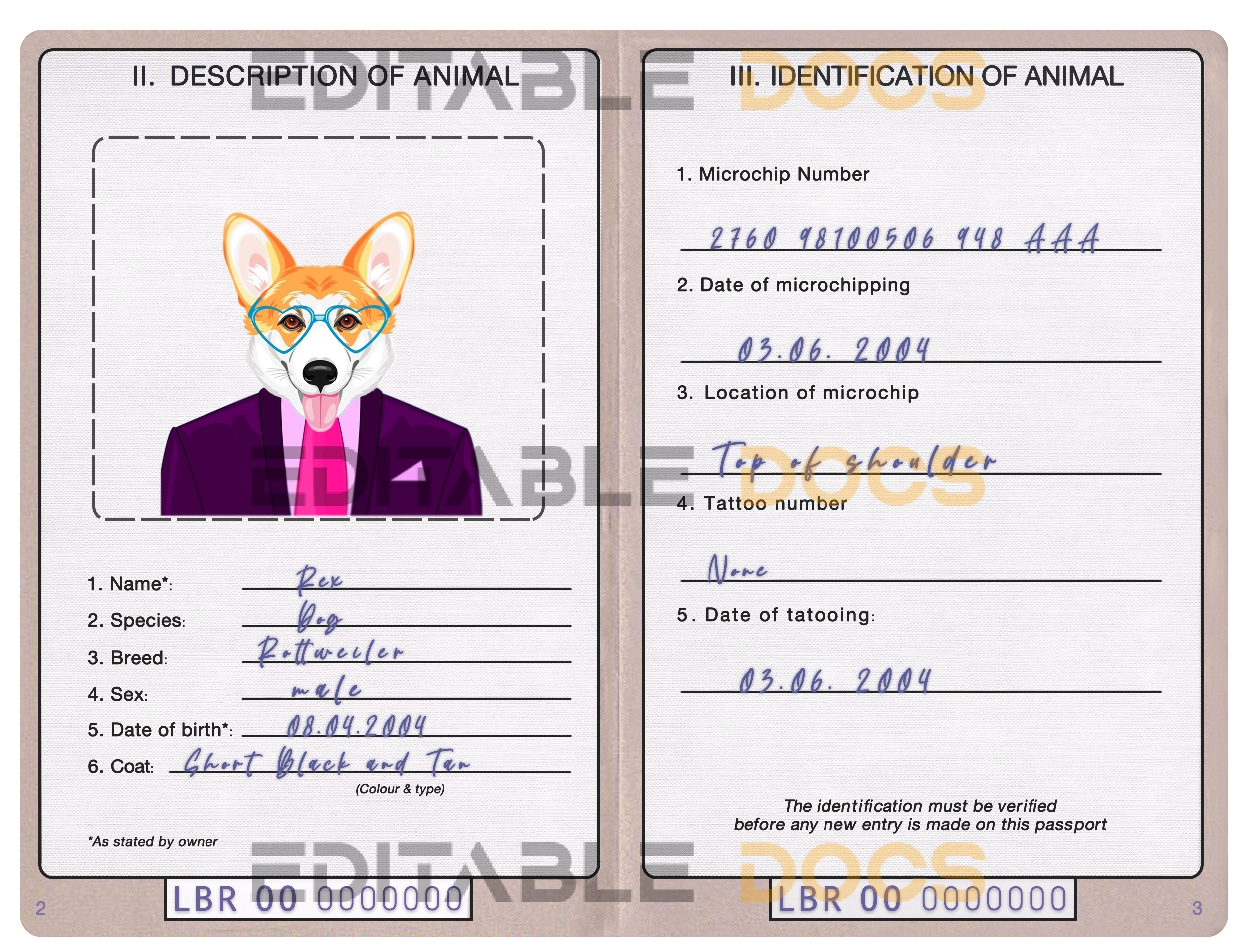 Liberia dog Fake PSD Passport | Instant Download