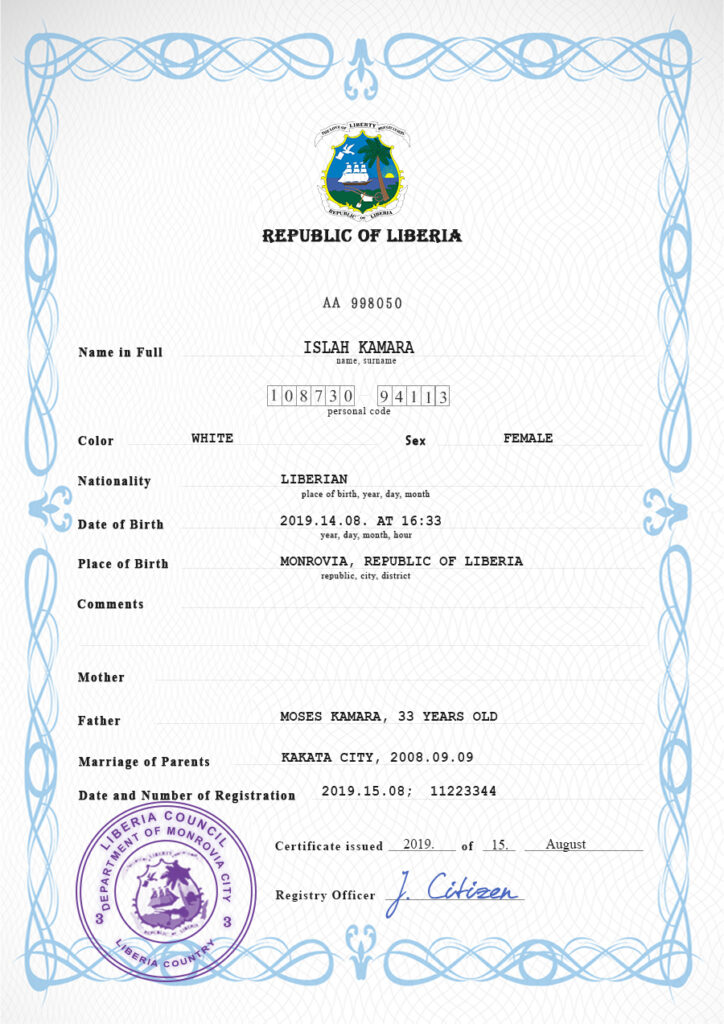 Authentic Liberia Birth Certificate Template | Customize and Download Online