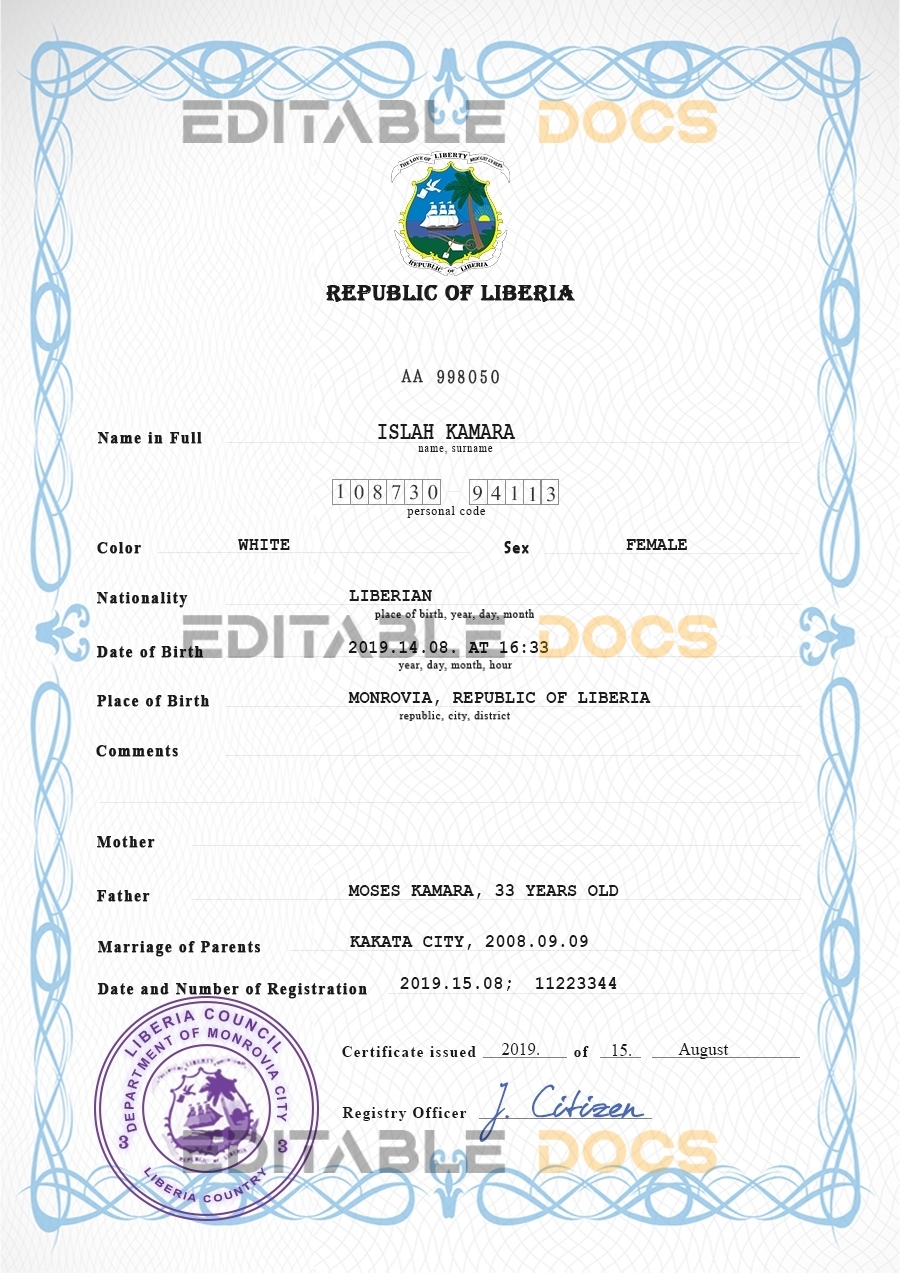 Authentic Liberia Birth Certificate Template | Customize and Download Online