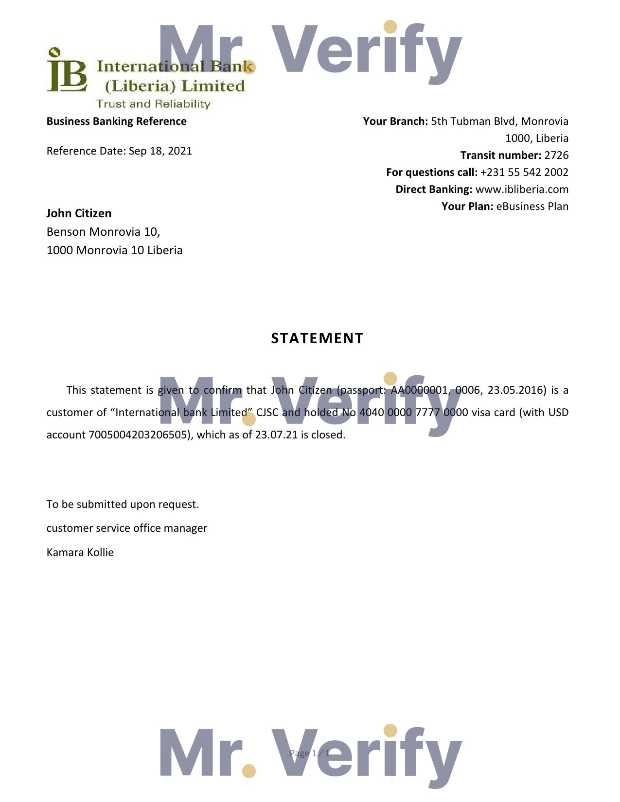 Download Liberia International Bank Reference Letter Templates | Editable Word