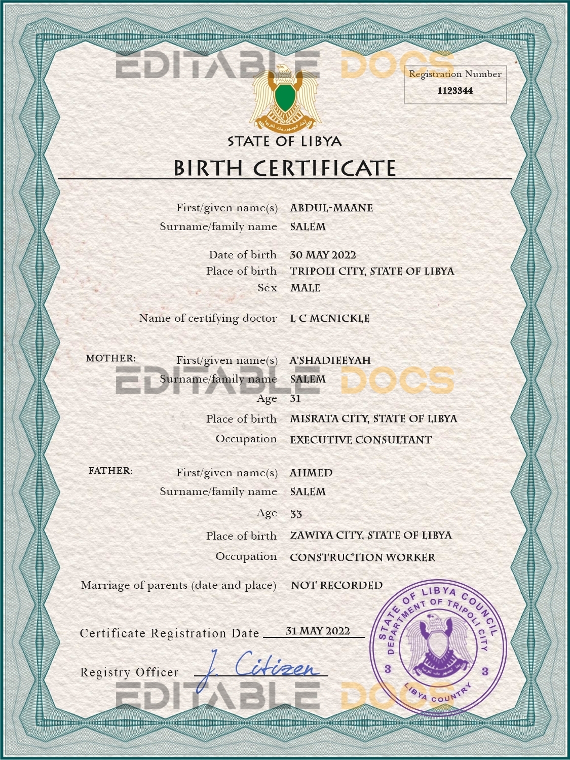Authentic Libya Birth Certificate Template | Customize and Download Online