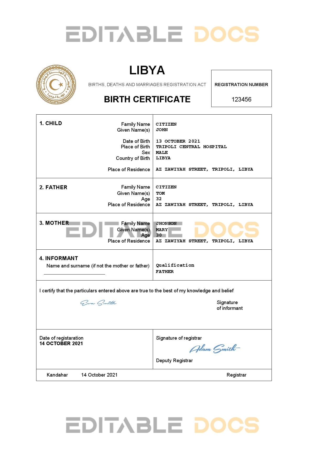 Authentic Libya Birth Certificate Template | Customize and Download Online