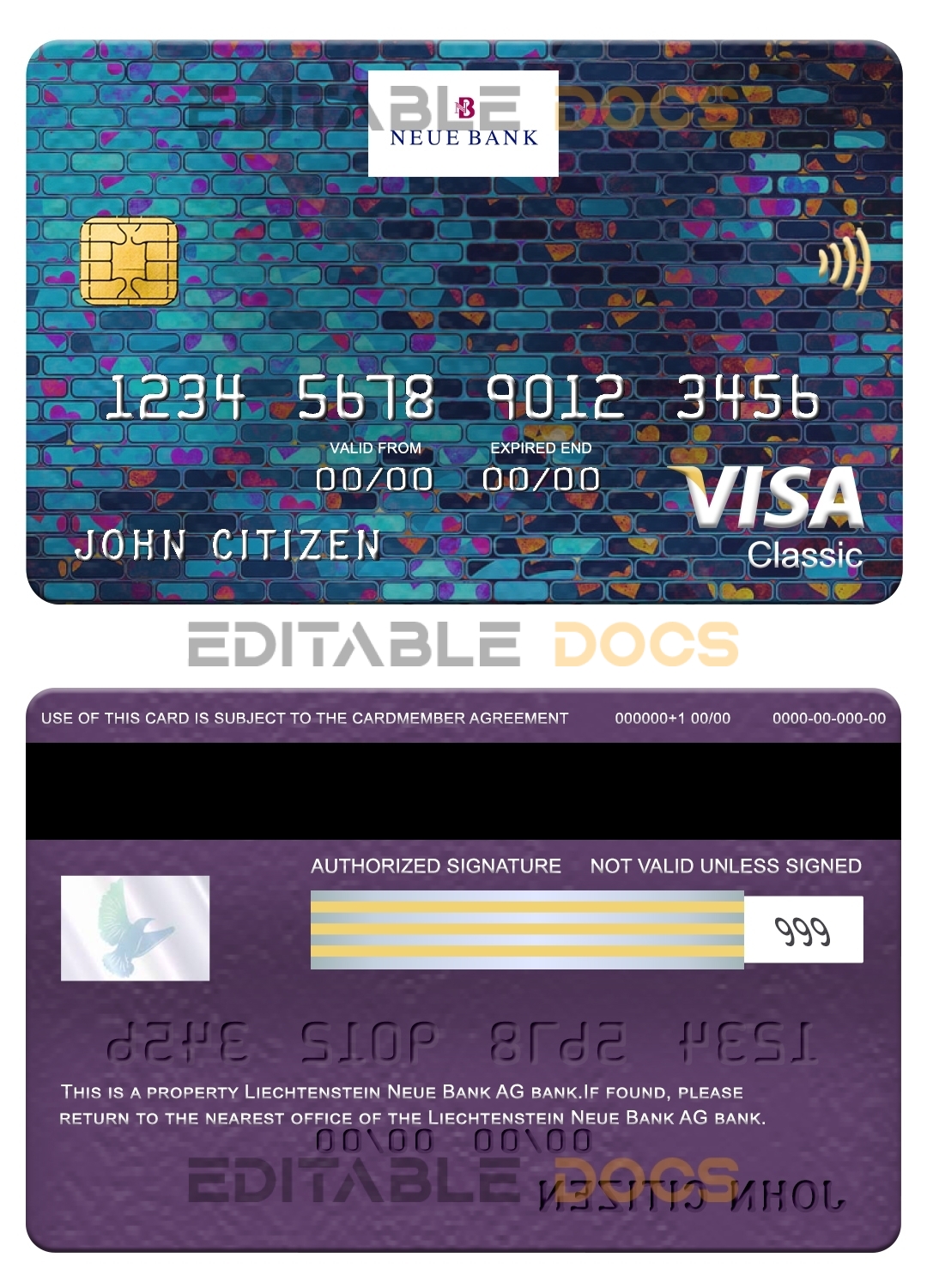 Editable Liechtenstein Neue bank visa classic card Templates in PSD Format