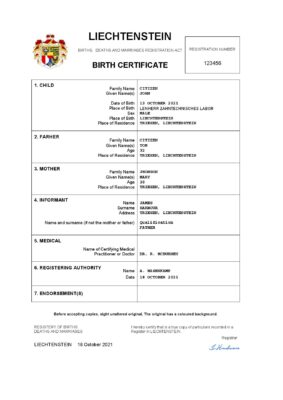 Liechtenstein vital record birth certificate Word and PDF template, completely editable