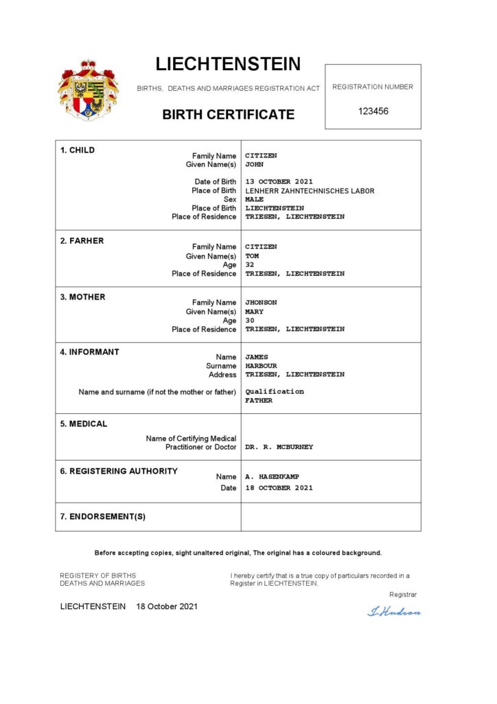 Liechtenstein vital record birth certificate Word and PDF template, completely editable