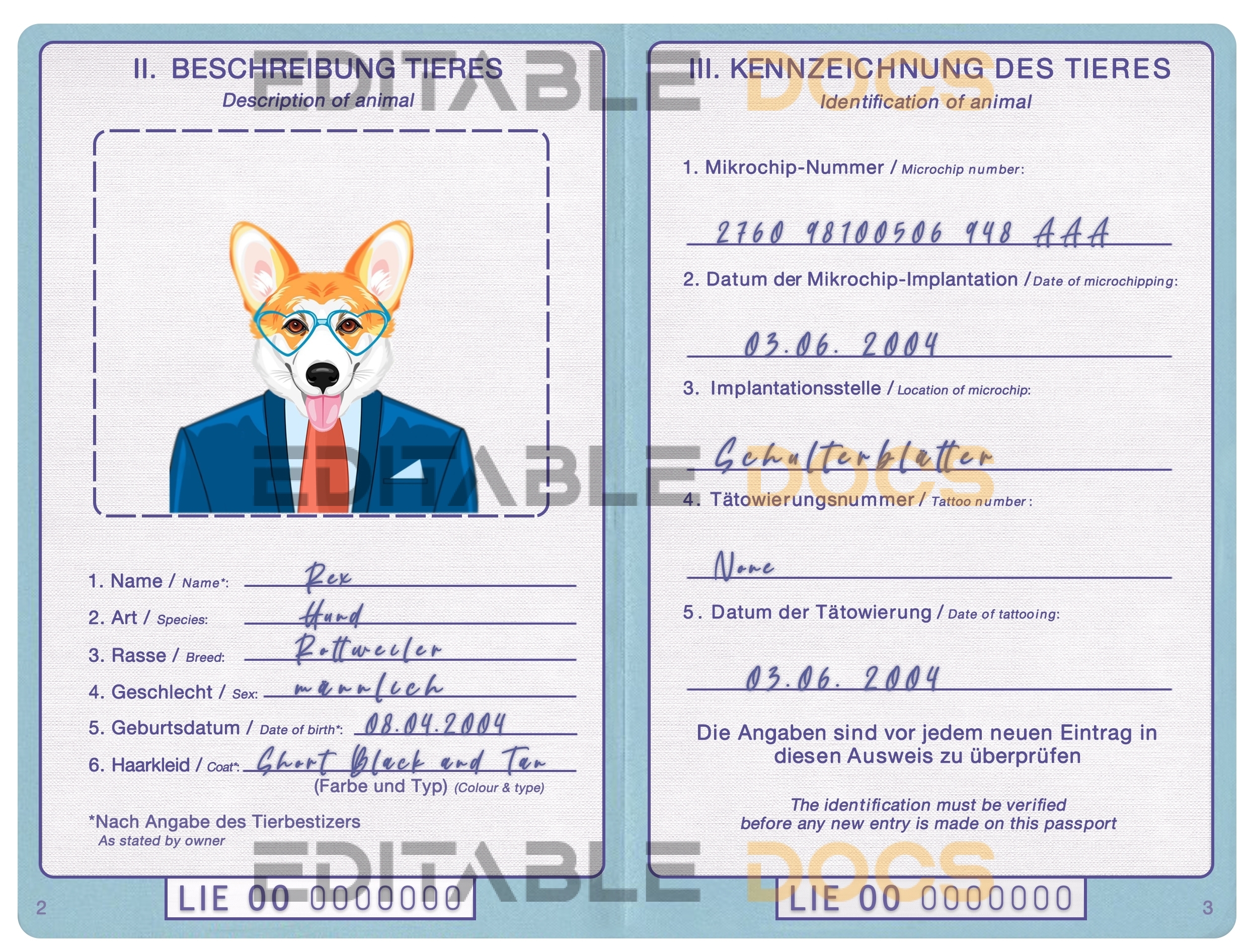 Liechtenstein dog Fake PSD Passport | Instant Download