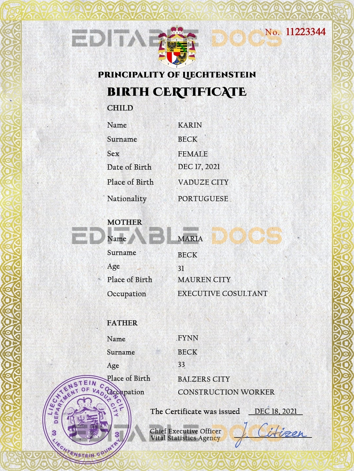 Authentic Liechtenstein Birth Certificate Template | Customize and Download Online