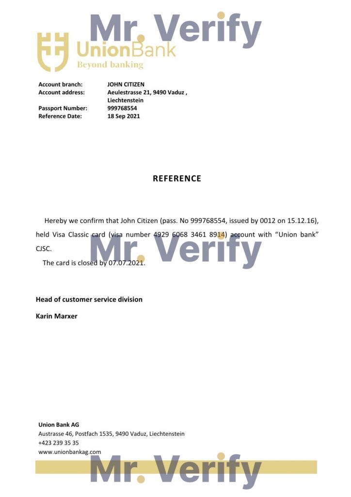 Download Liechtenstein Union Bank Reference Letter Templates | Editable Word