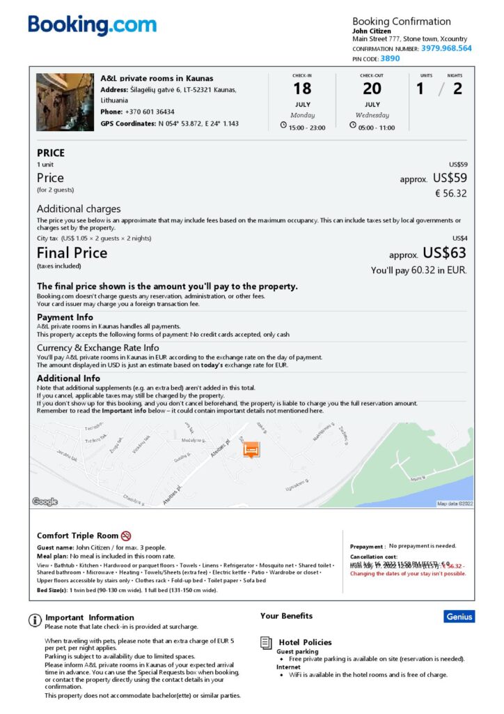Editable Lithuania Hotel Booking Form Template | Fillable PDF