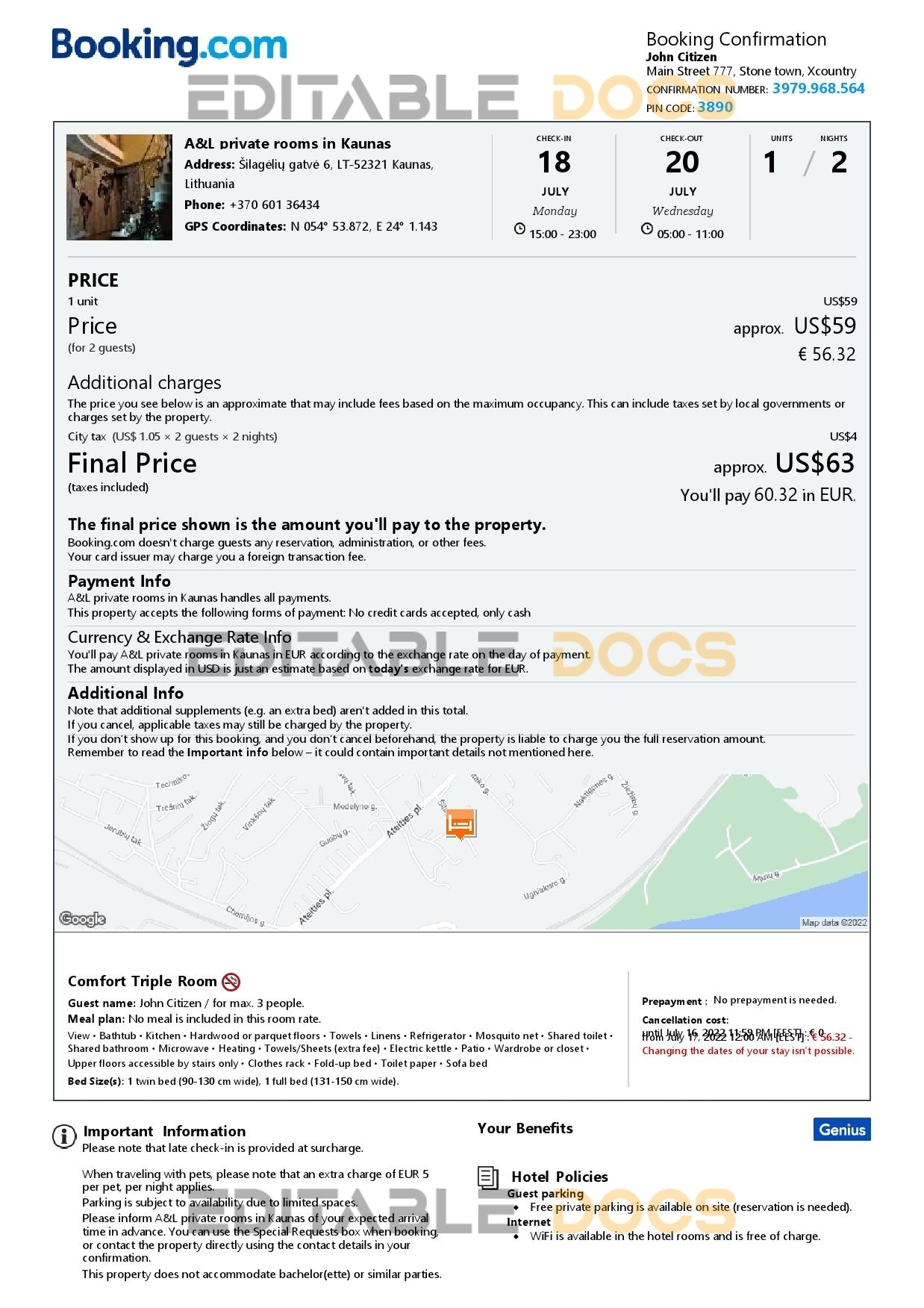 Editable Lithuania Hotel Booking Form Template | Fillable PDF