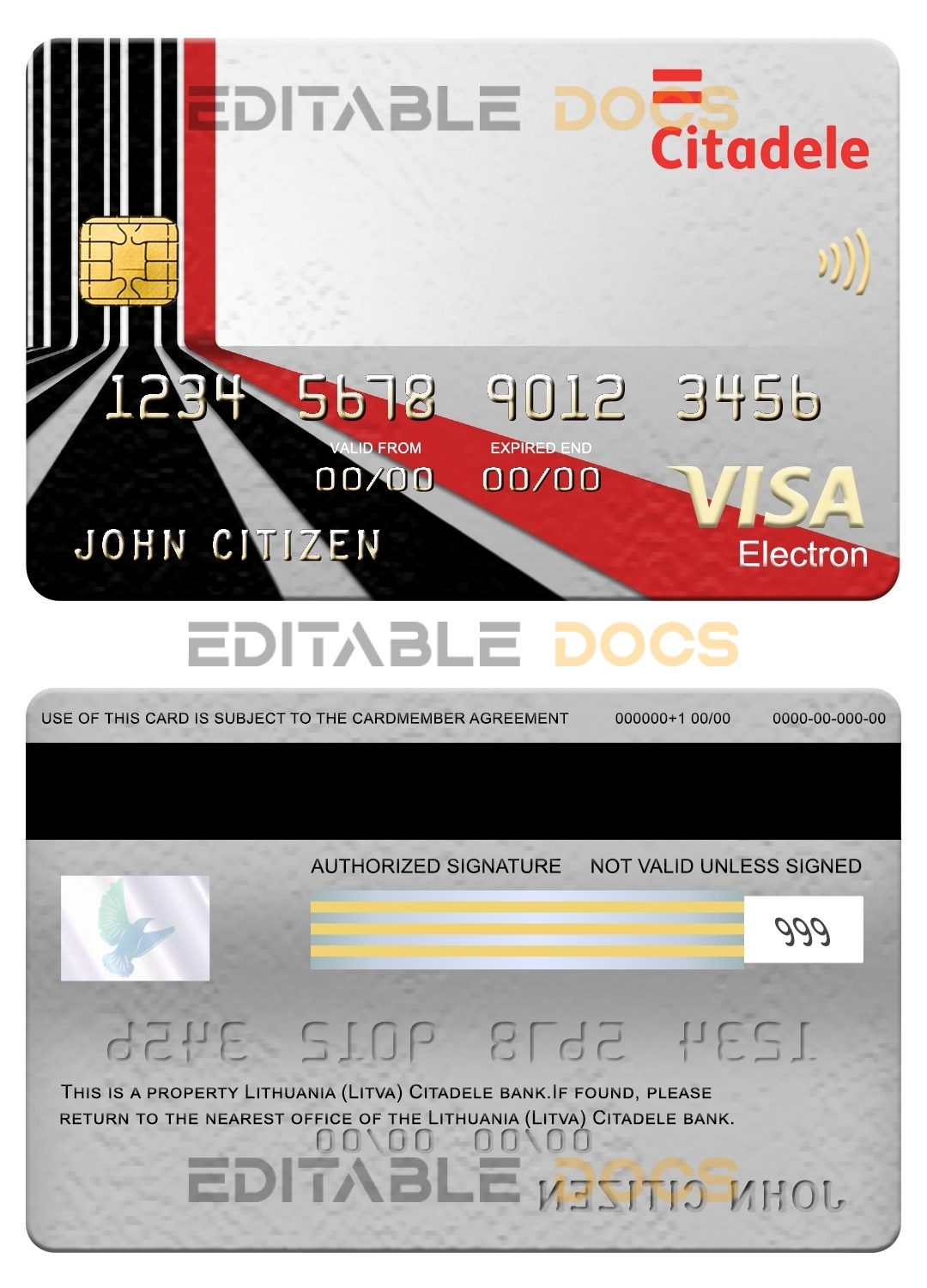 Editable Lithuania (Litva) Citadele bank visa electron card Templates in PSD Format