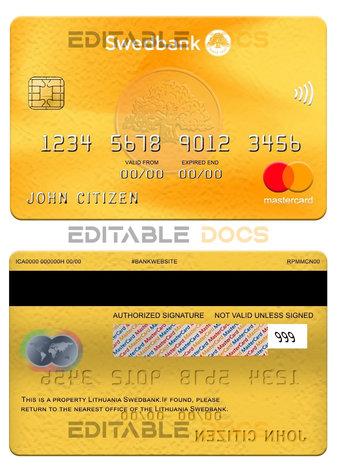 Fillable Lithuania Swedbank mastercard Templates | Layer-Based PSD