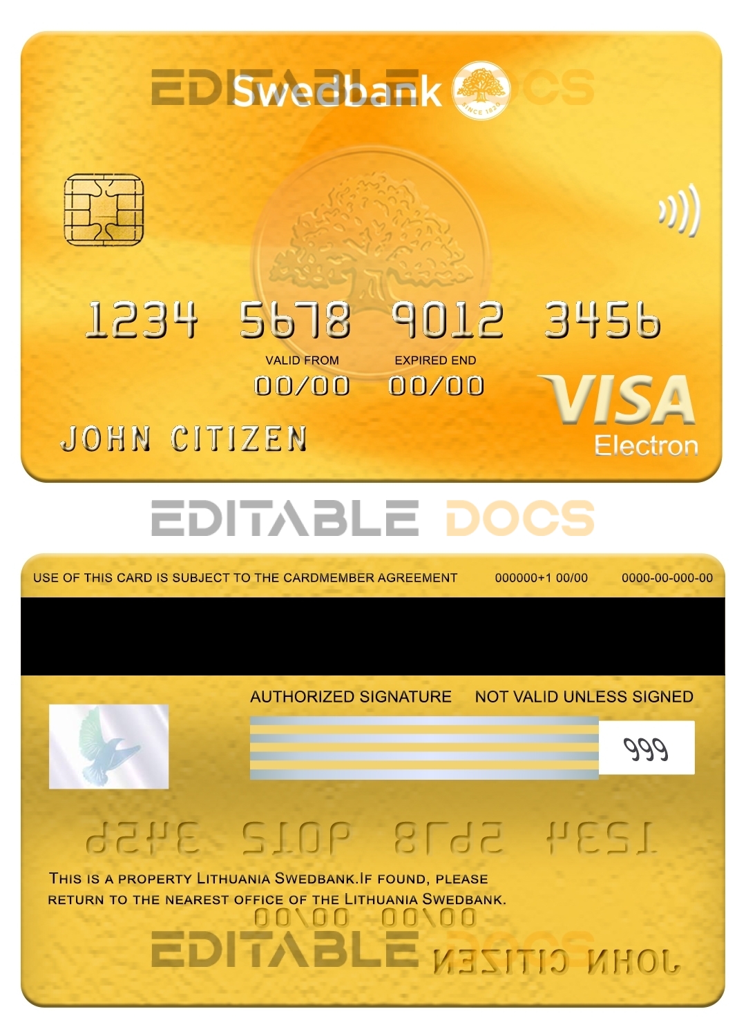 Editable Lithuania Swedbank visa elrctron card Templates in PSD Format