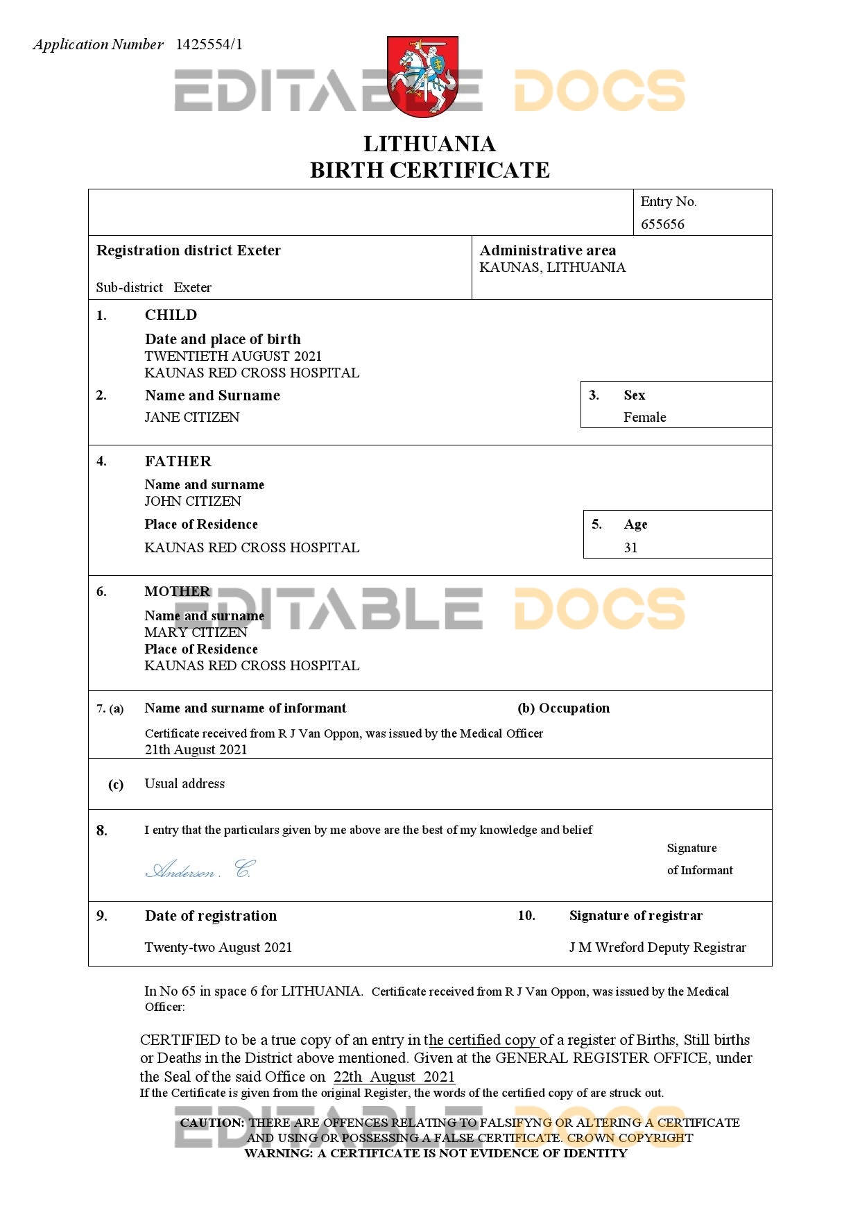 Authentic Lithuania Birth Certificate Template | Customize and Download Online