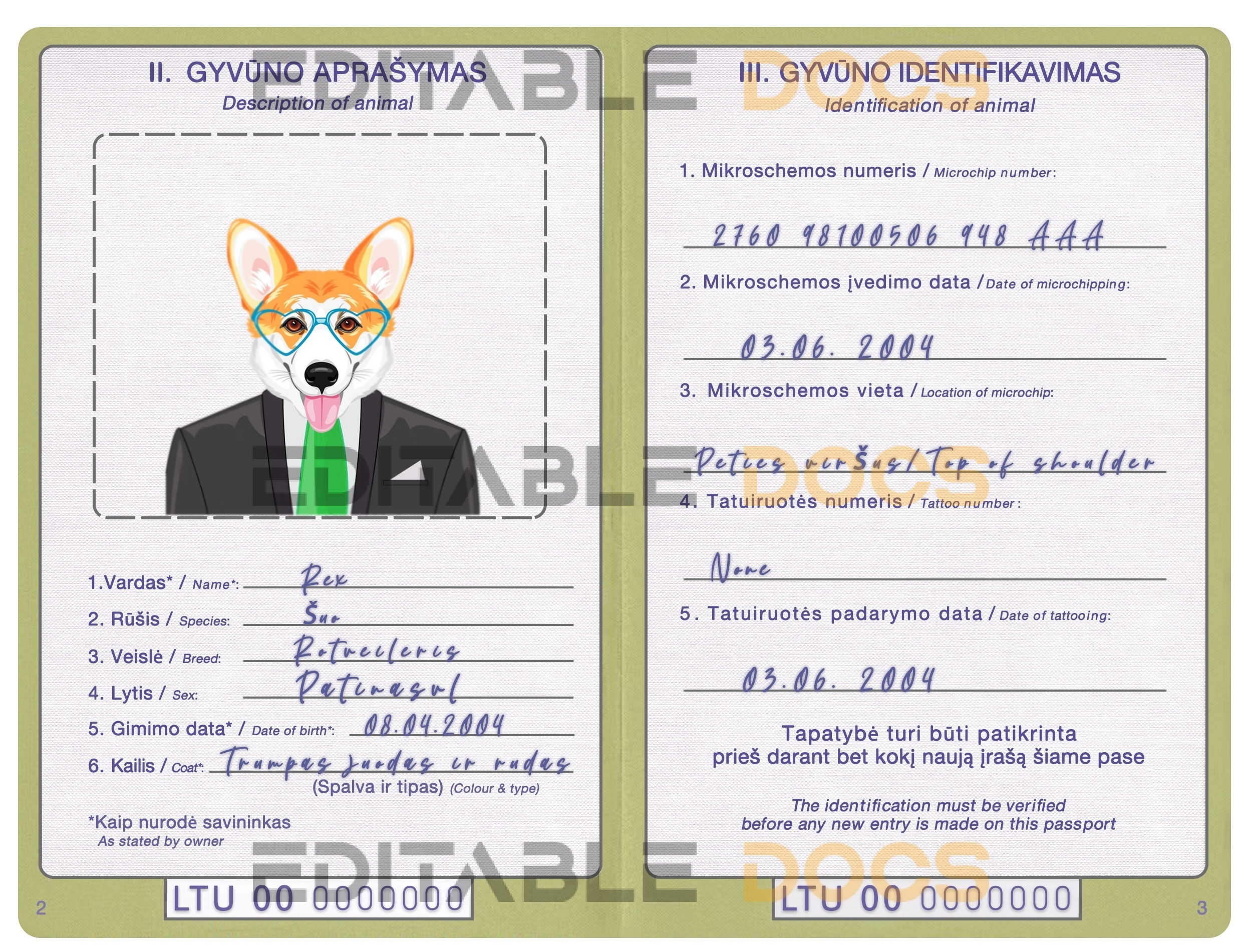 Lithuania dog Fake PSD Passport | Instant Download