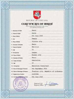 Authentic Lithuania Birth Certificate Template | Customize and Download Online