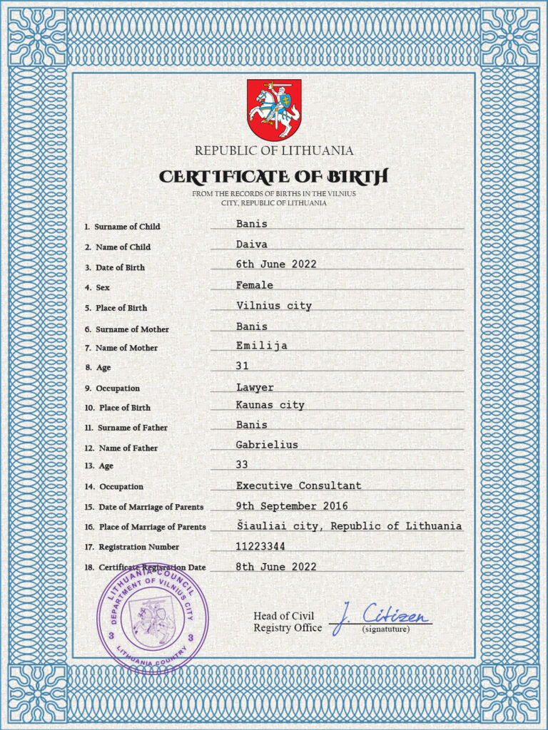 Authentic Lithuania Birth Certificate Template | Customize and Download Online