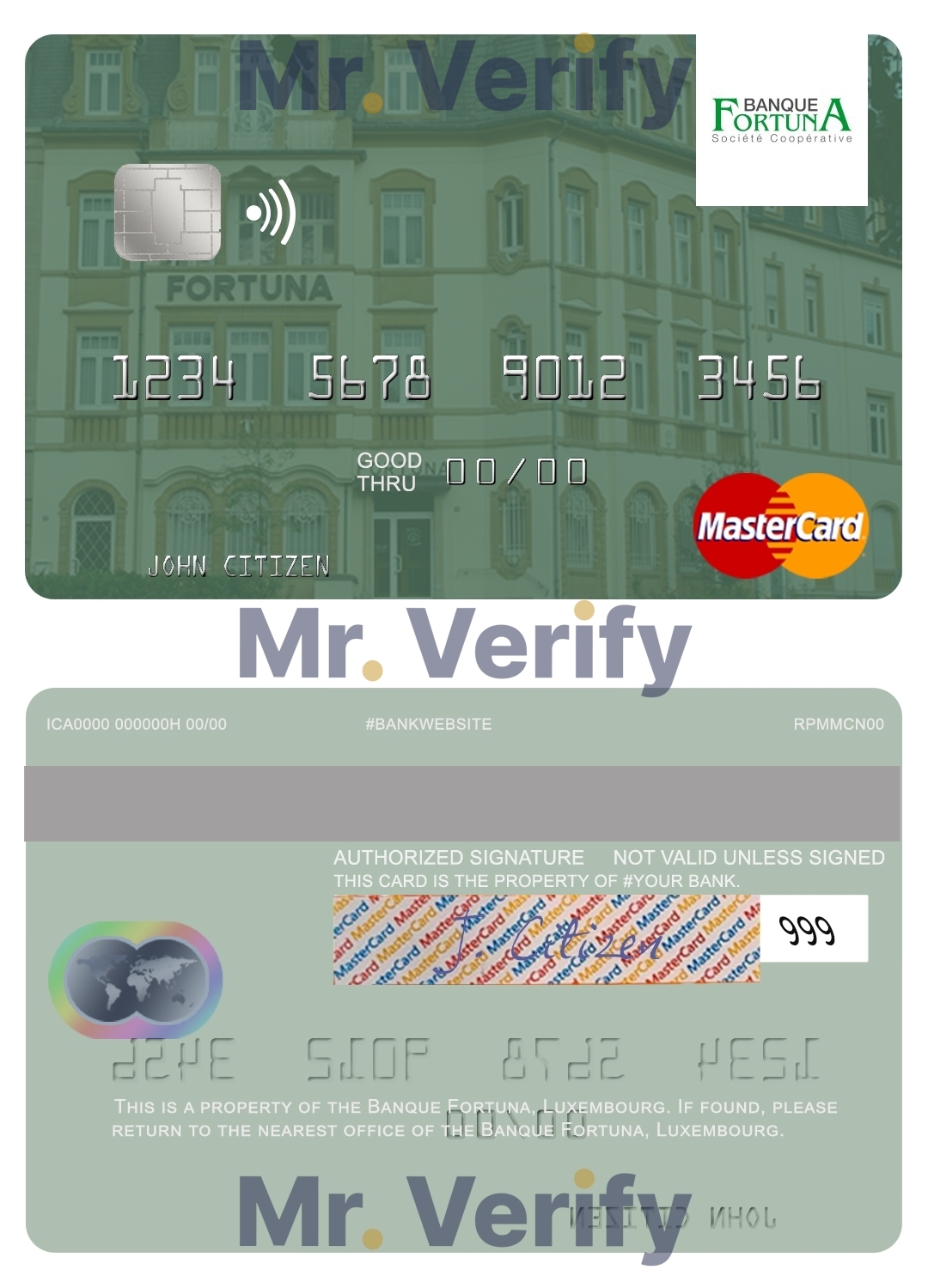 Editable Luxembourg Banque Fortuna mastercard credit card Templates in PSD Format