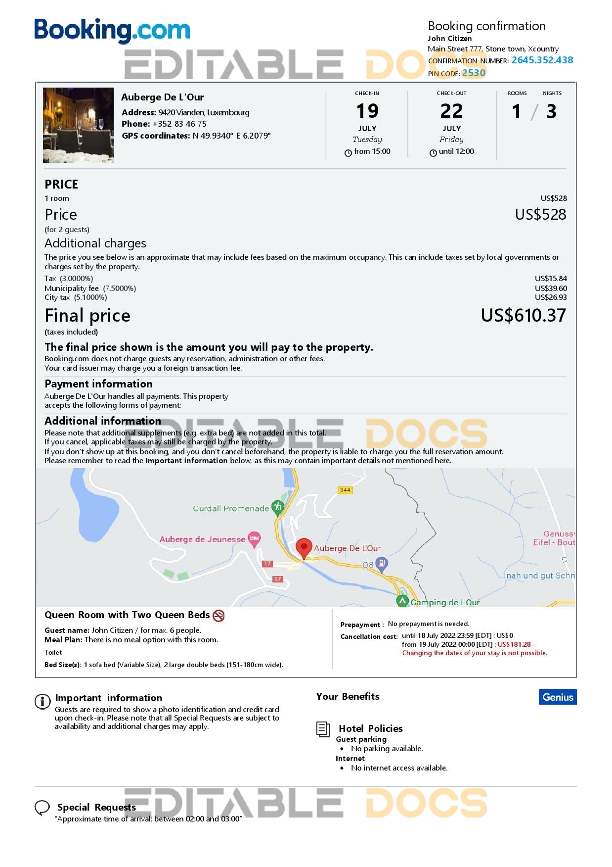 Editable Luxembourg Hotel Booking Form Template | Fillable PDF