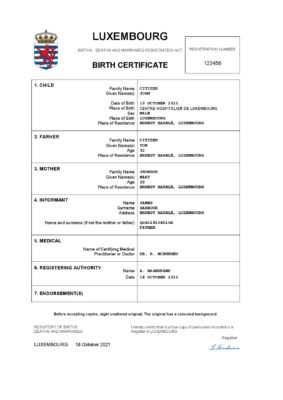 Luxembourg birth certificate Word and PDF template, completely editable